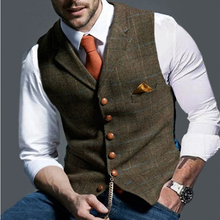 Mens Gilet Slim-Fit Plaid Button-Up Tweed Suit Vest - Brown