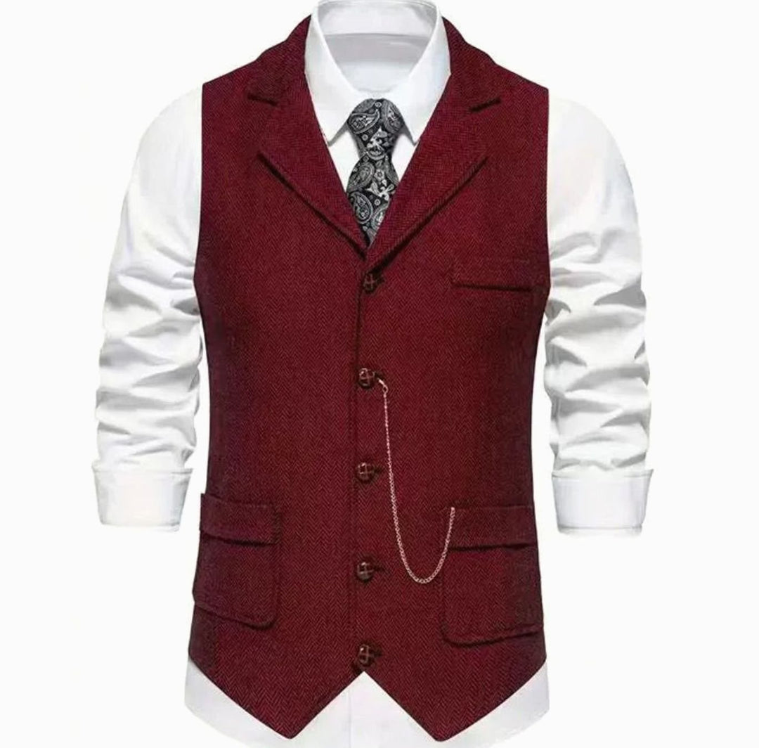 Men's Herringbone Notch-Lapel Button-Front Suit Vest - Burgundy