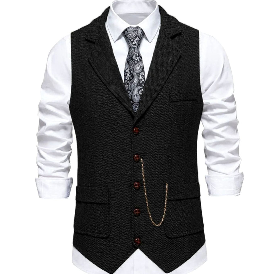 Men's Herringbone Notch-Lapel Button-Front Suit Vest - Black
