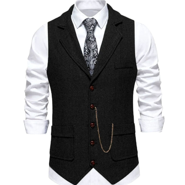 Men's Herringbone Notch-Lapel Button-Front Suit Vest - Black