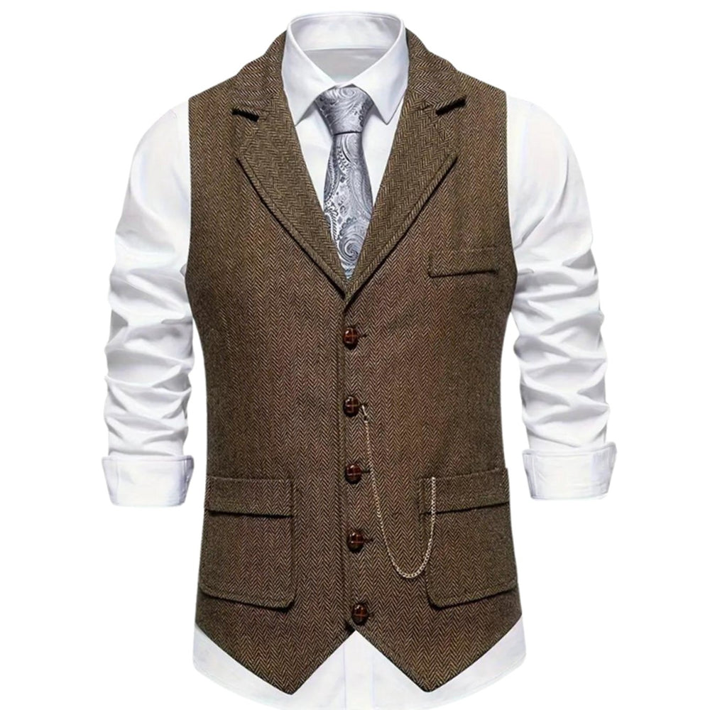 Men's Herringbone Notch-Lapel Button-Front Suit Vest - Brown