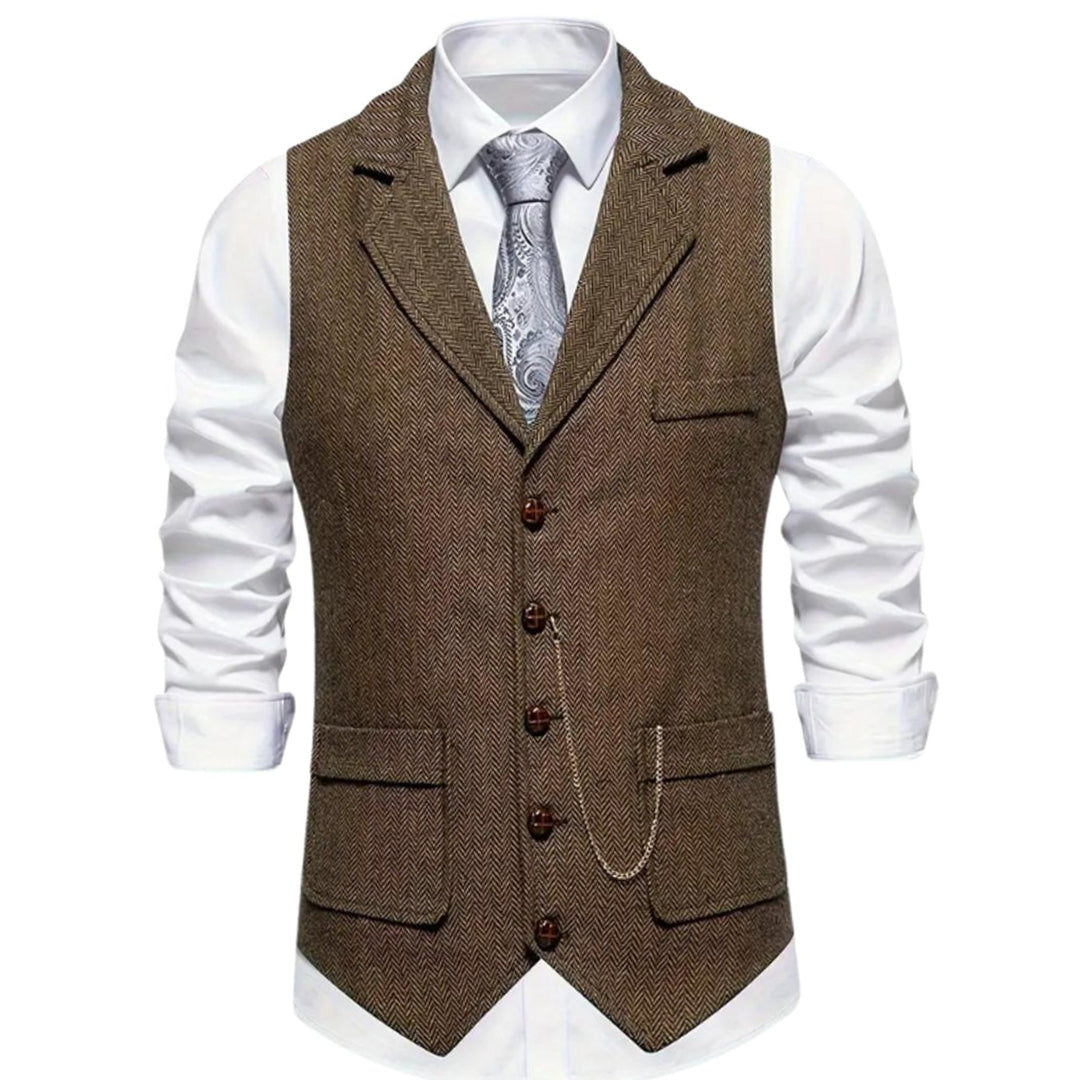 Men's Herringbone Notch-Lapel Button-Front Suit Vest - Brown