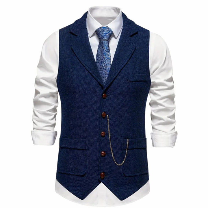 Men's Herringbone Notch-Lapel Button-Front Suit Vest - Navy Blue