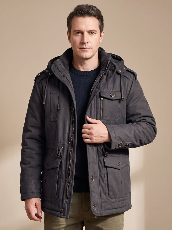 Men's Hooded Multi-Pocket Water-Resistant Insulated Parka - Black