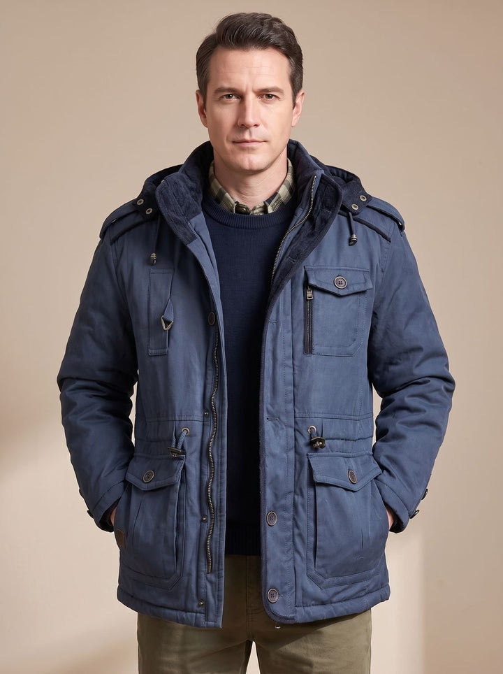 Men's Hooded Multi-Pocket Water-Resistant Insulated Parka - Dark Blue