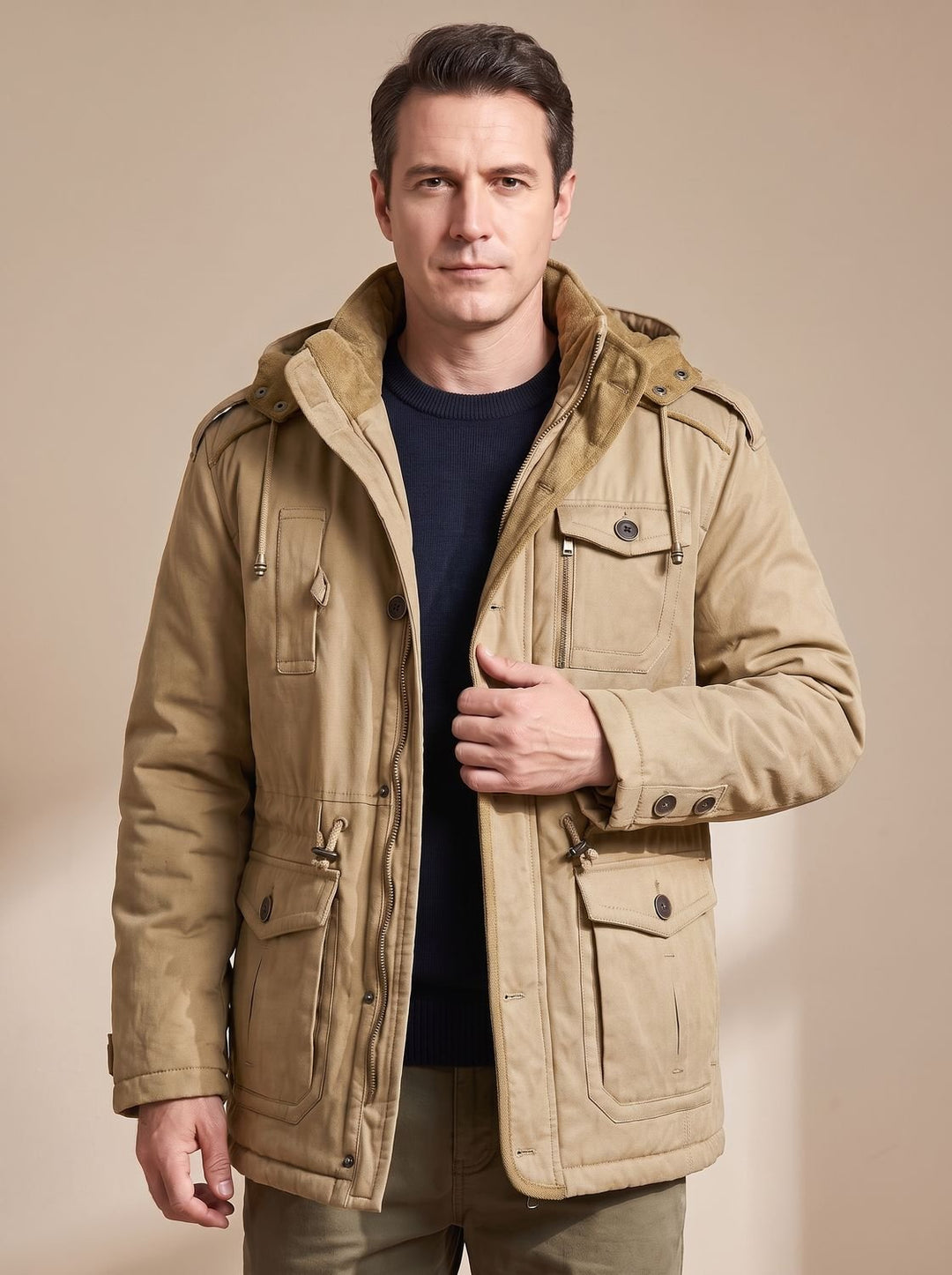 Men's Hooded Multi-Pocket Water-Resistant Insulated Parka - Khaki