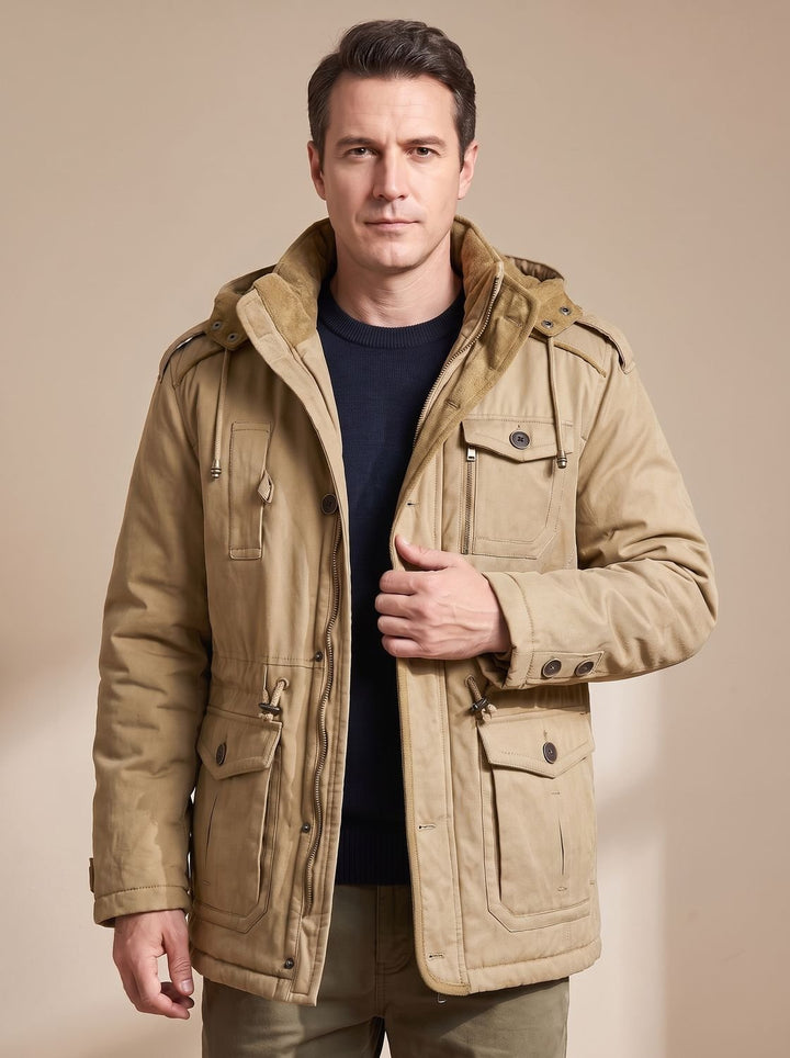 Men's Hooded Multi-Pocket Water-Resistant Insulated Parka - Khaki