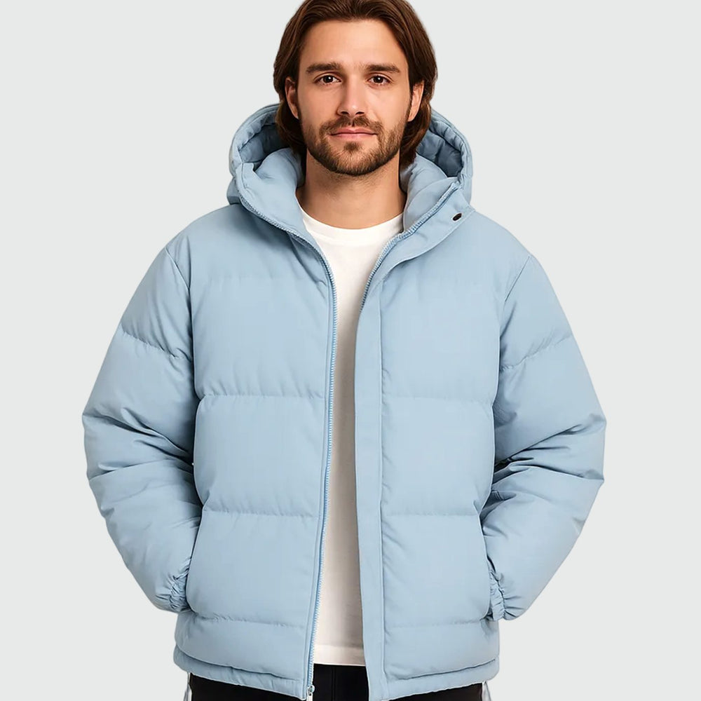Men's Hooded Quilted Zip-Up Puffer Winter Jacket - Light Blue