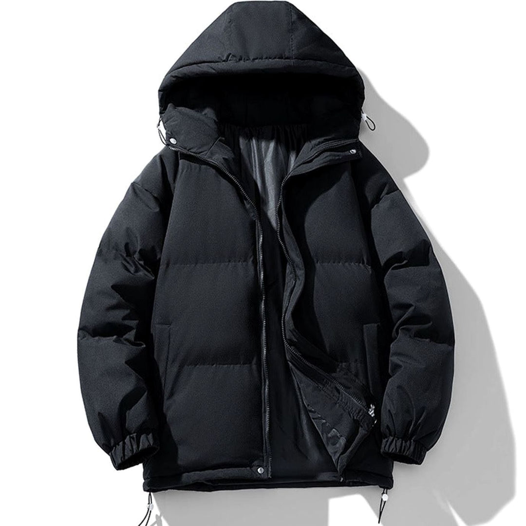 Men's Hooded Quilted Zip-Up Puffer Winter Jacket - Black