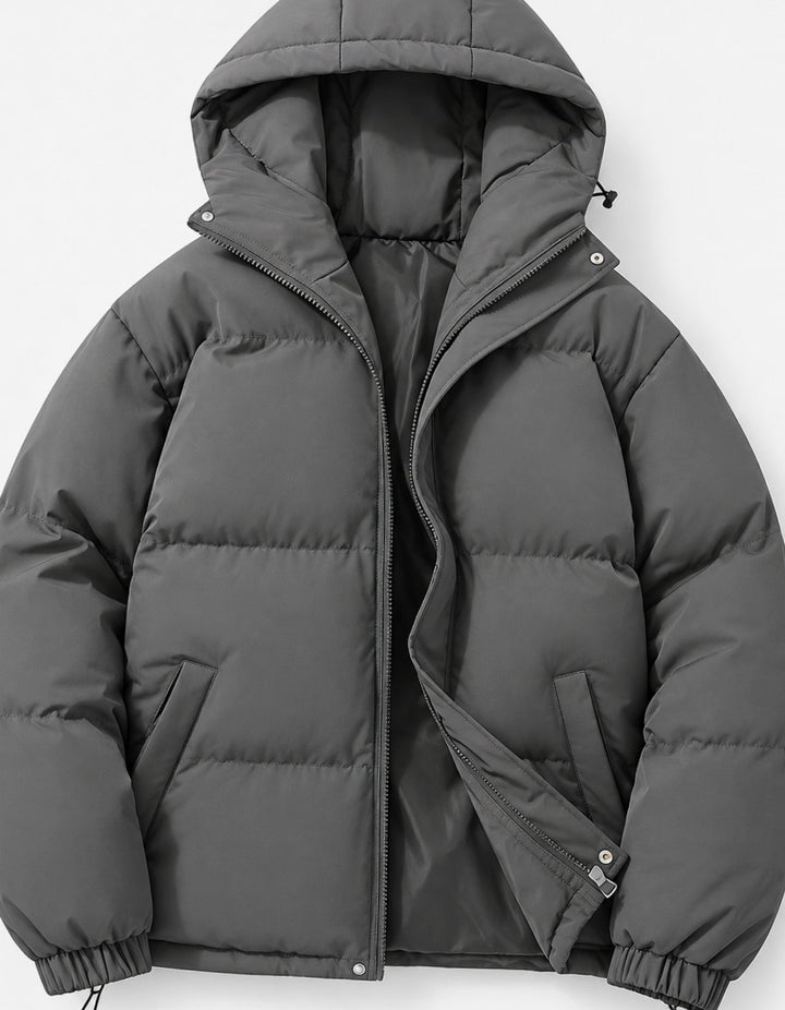Men's Hooded Quilted Zip-Up Puffer Winter Jacket - Dark Gray