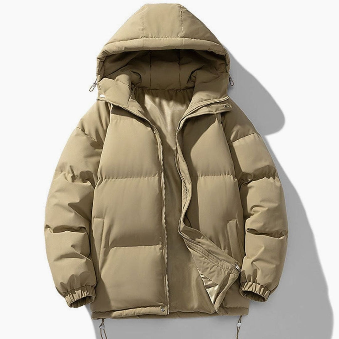 Men's Hooded Quilted Zip-Up Puffer Winter Jacket - Khaki