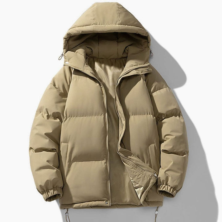 Men's Hooded Quilted Zip-Up Puffer Winter Jacket - Khaki