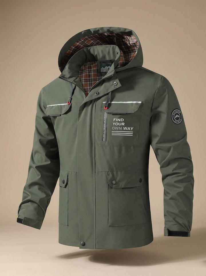 Men's Hooded Water-Resistant Outdoor Multi-Pocket Jacket - Olive Green
