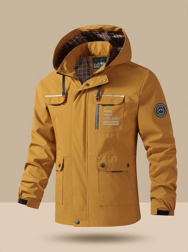Men's Hooded Water-Resistant Outdoor Multi-Pocket Jacket - Mustard Yellow