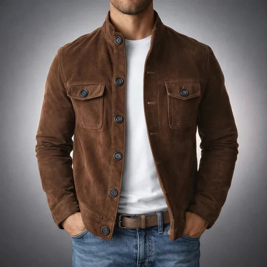 Men's Italian Suede Button-Front Stand-Collar Jacket - Dark Brown