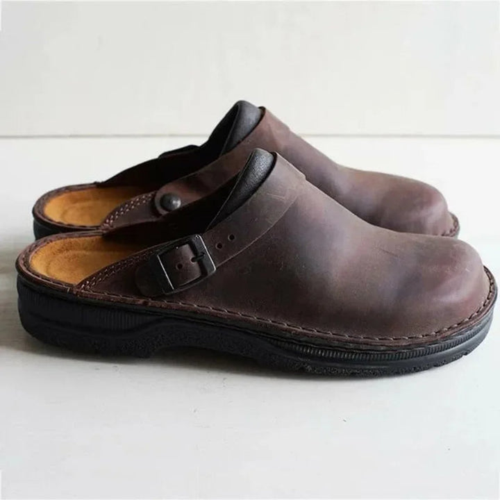 Men's Leather Buckle-Strap Slip-On Clog Mule Shoes - Brown