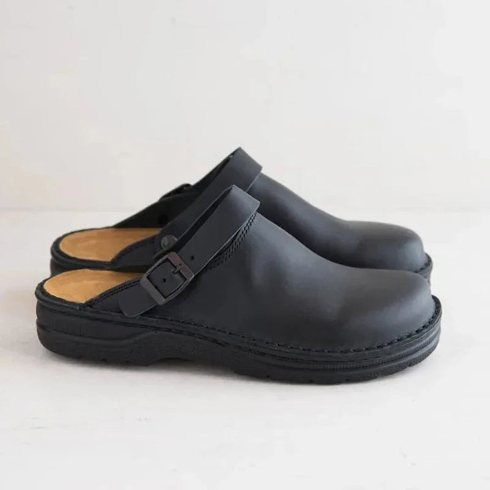 Men's Leather Buckle-Strap Slip-On Clog Mule Shoes - Black