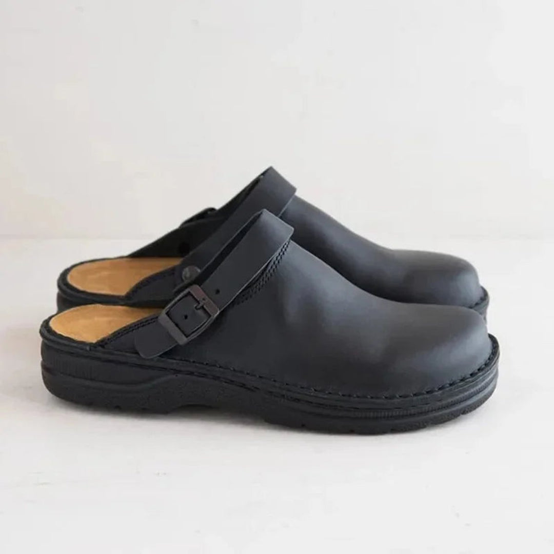 Men's Leather Buckle-Strap Slip-On Clog Mule Shoes - Black