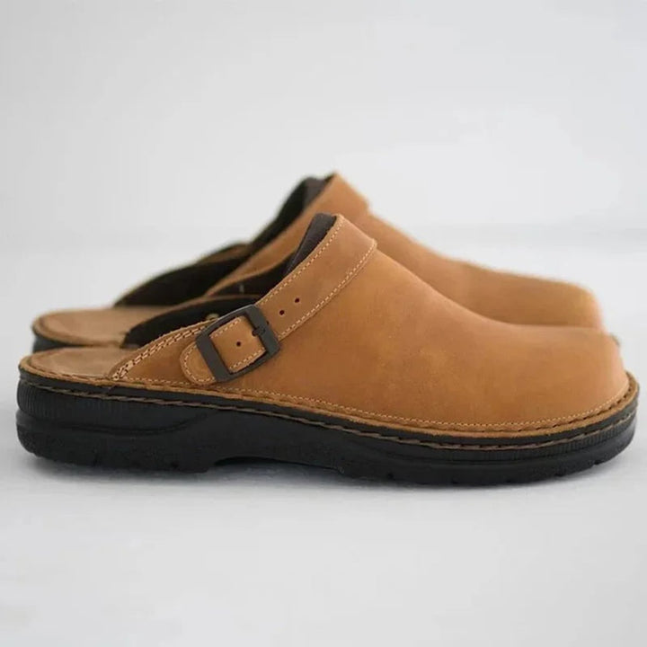 Men's Leather Buckle-Strap Slip-On Clog Mule Shoes - Khaki
