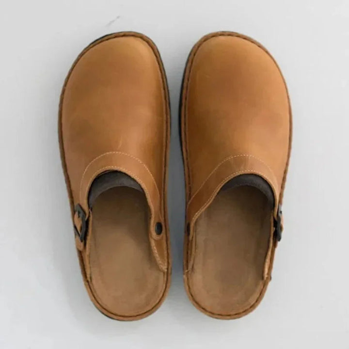 Men's Leather Buckle-Strap Slip-On Clog Mule Shoes