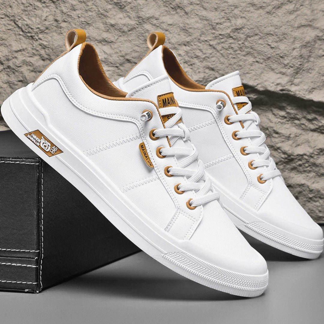 Men's Leather Low-Top Lace-Up Casual Sneakers - Crystal White