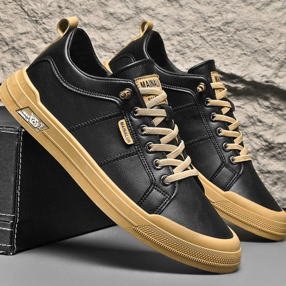 Men's Leather Low-Top Lace-Up Casual Sneakers - Obsidian Black