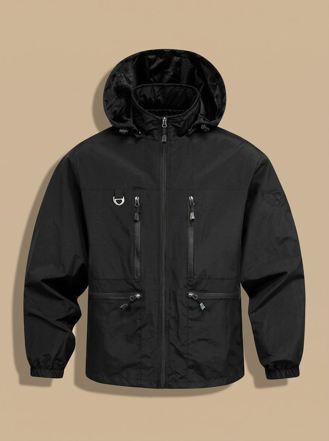 Men's Lightweight Hooded Windproof Multi-Pocket Jacket - Black