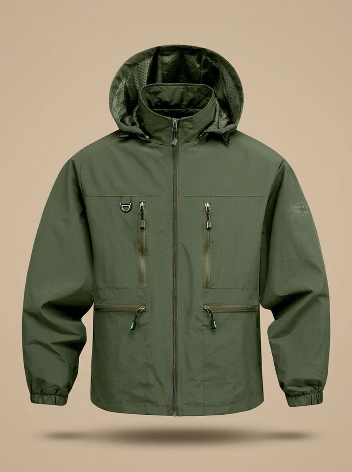 Men's Lightweight Hooded Windproof Multi-Pocket Jacket - Army Green