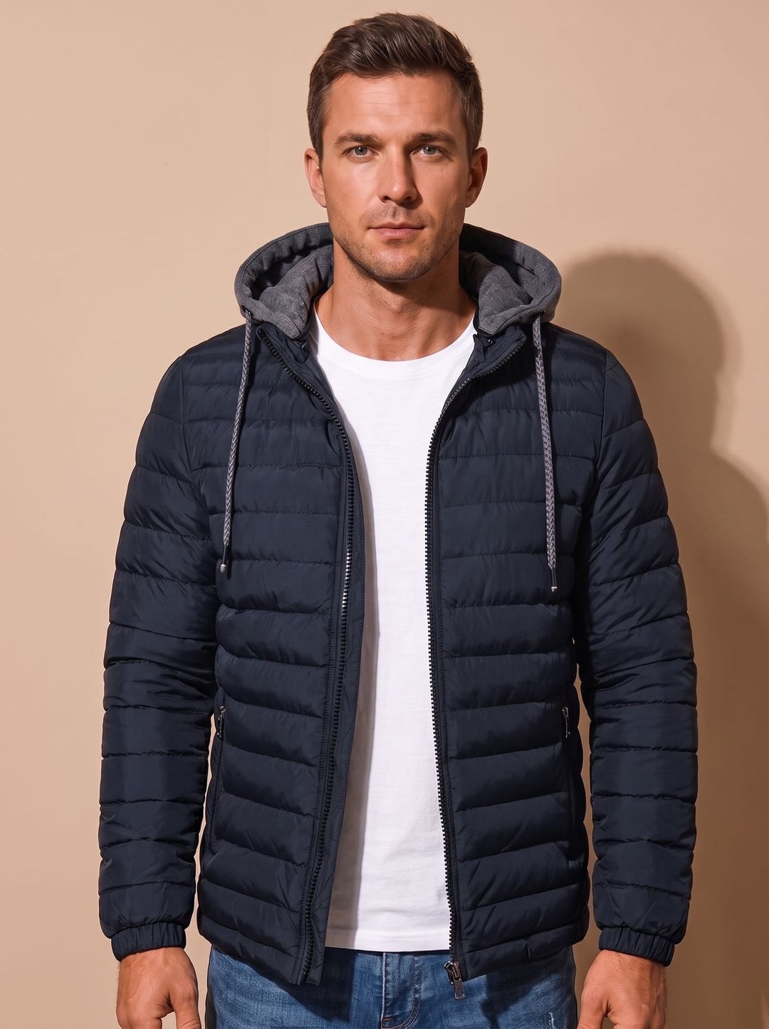 Men's Lightweight Insulated Hooded Puffer Jacket - Navy Blue