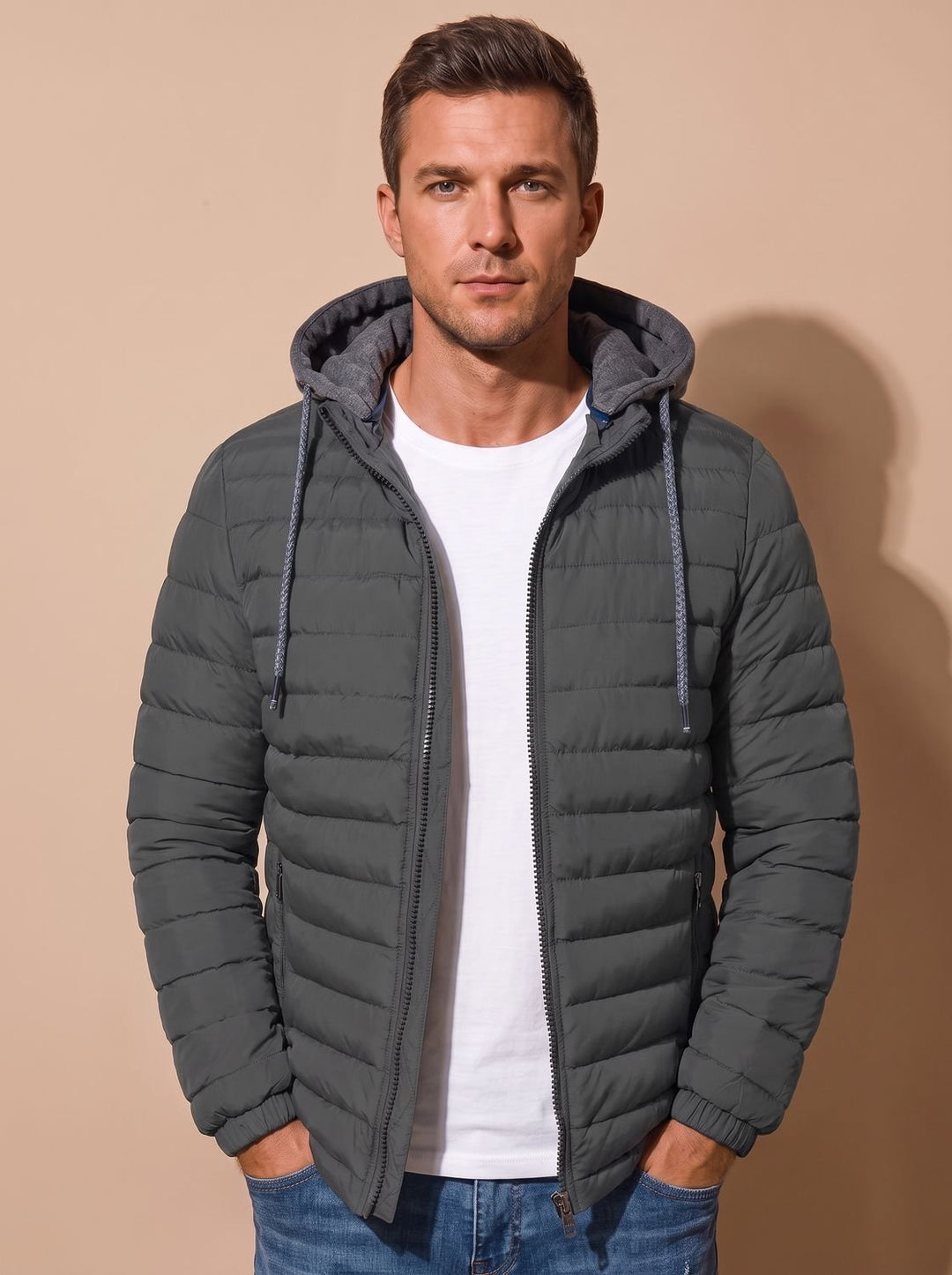 Men's Lightweight Insulated Hooded Puffer Jacket - Gray