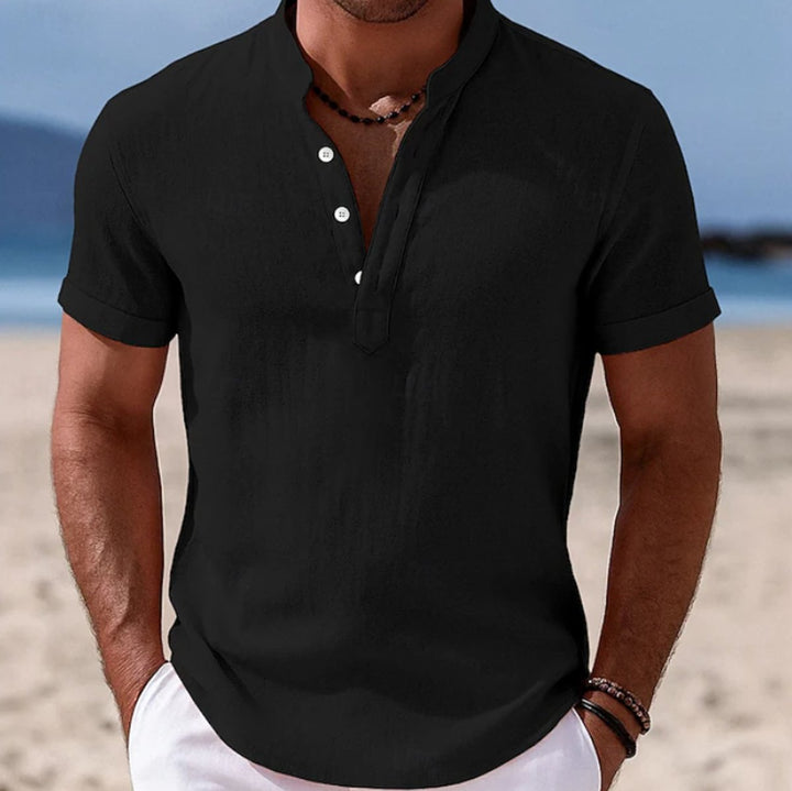 Men's Lightweight Linen Short-Sleeve Henley Button-Up Shirt - Black