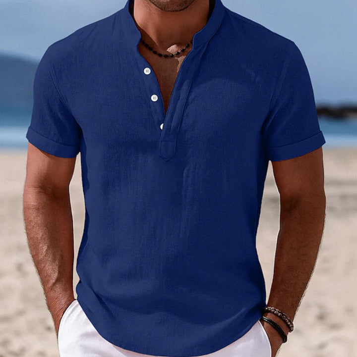 Men's Lightweight Linen Short-Sleeve Henley Button-Up Shirt - Blue