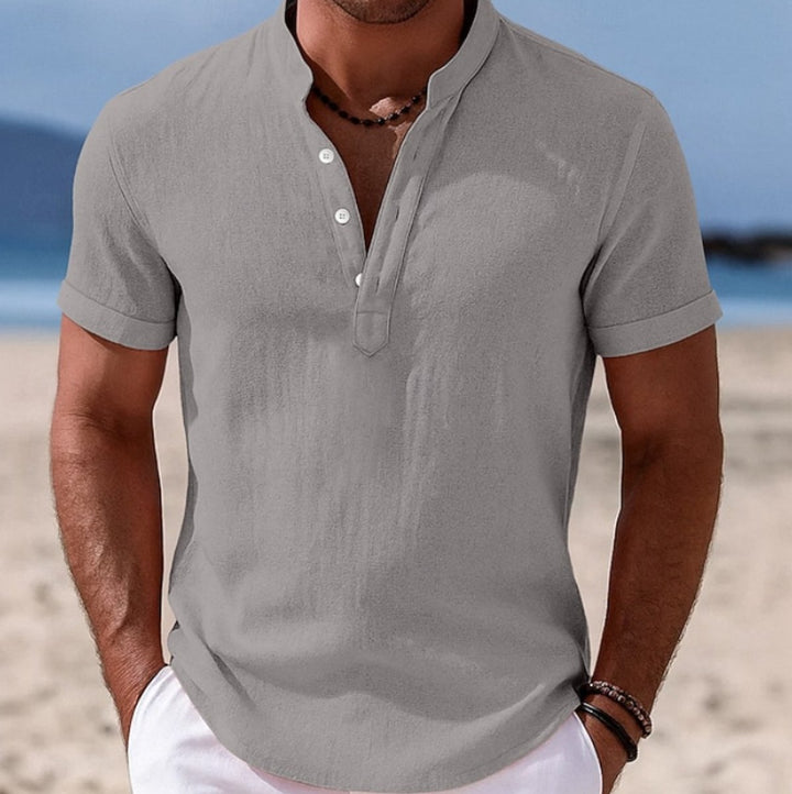 Men's Lightweight Linen Short-Sleeve Henley Button-Up Shirt - Gray