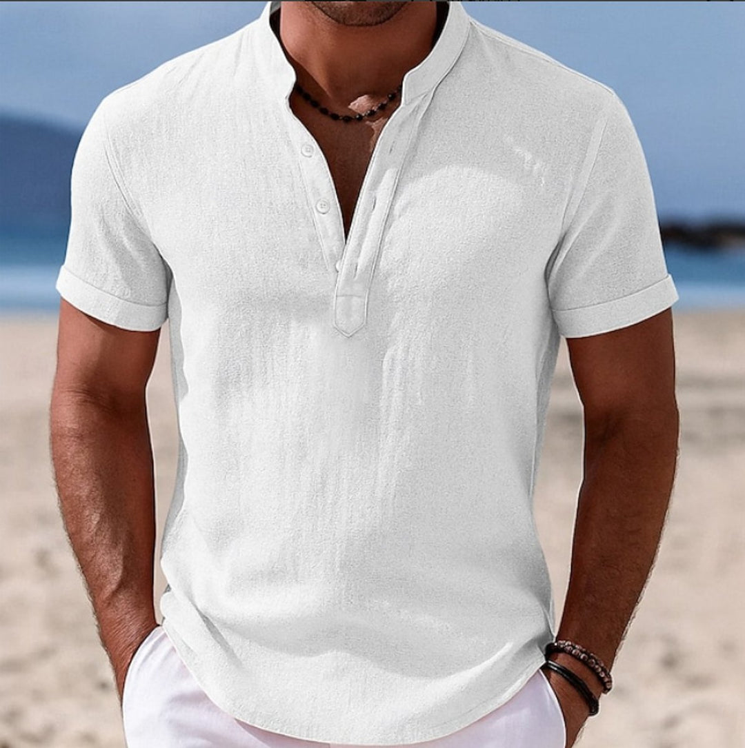 Men's Lightweight Linen Short-Sleeve Henley Button-Up Shirt - White