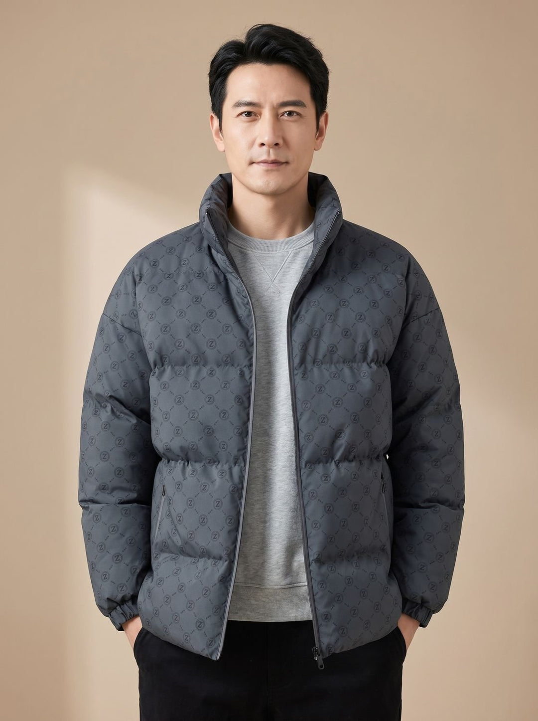 Men's Logo Print Insulated Stand-Collar Zip Puffer Jacket - Grey