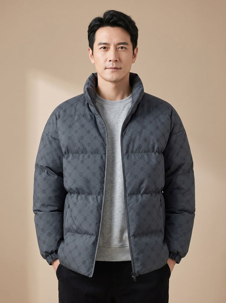 Men's Logo Print Insulated Stand-Collar Zip Puffer Jacket - Grey