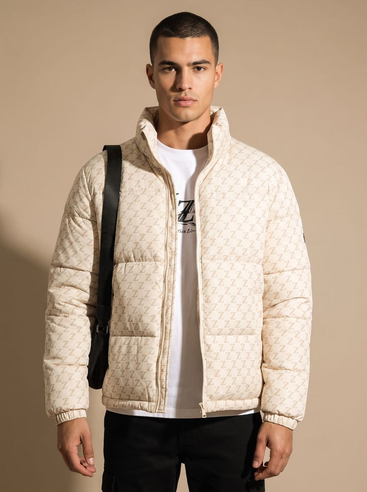 Men's Logo Print Insulated Stand-Collar Zip Puffer Jacket - Beige