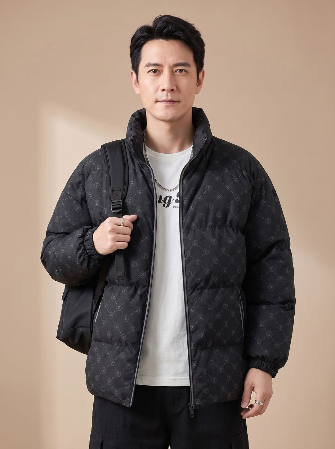 Men's Logo Print Insulated Stand-Collar Zip Puffer Jacket - Black