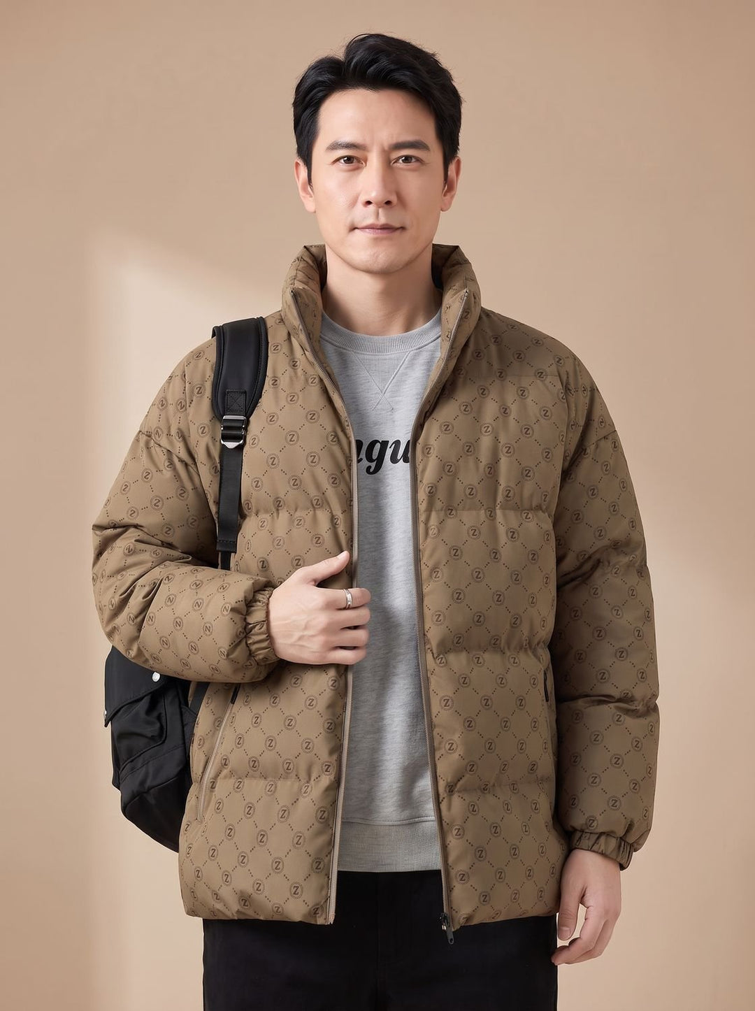 Men's Logo Print Insulated Stand-Collar Zip Puffer Jacket - Coffee