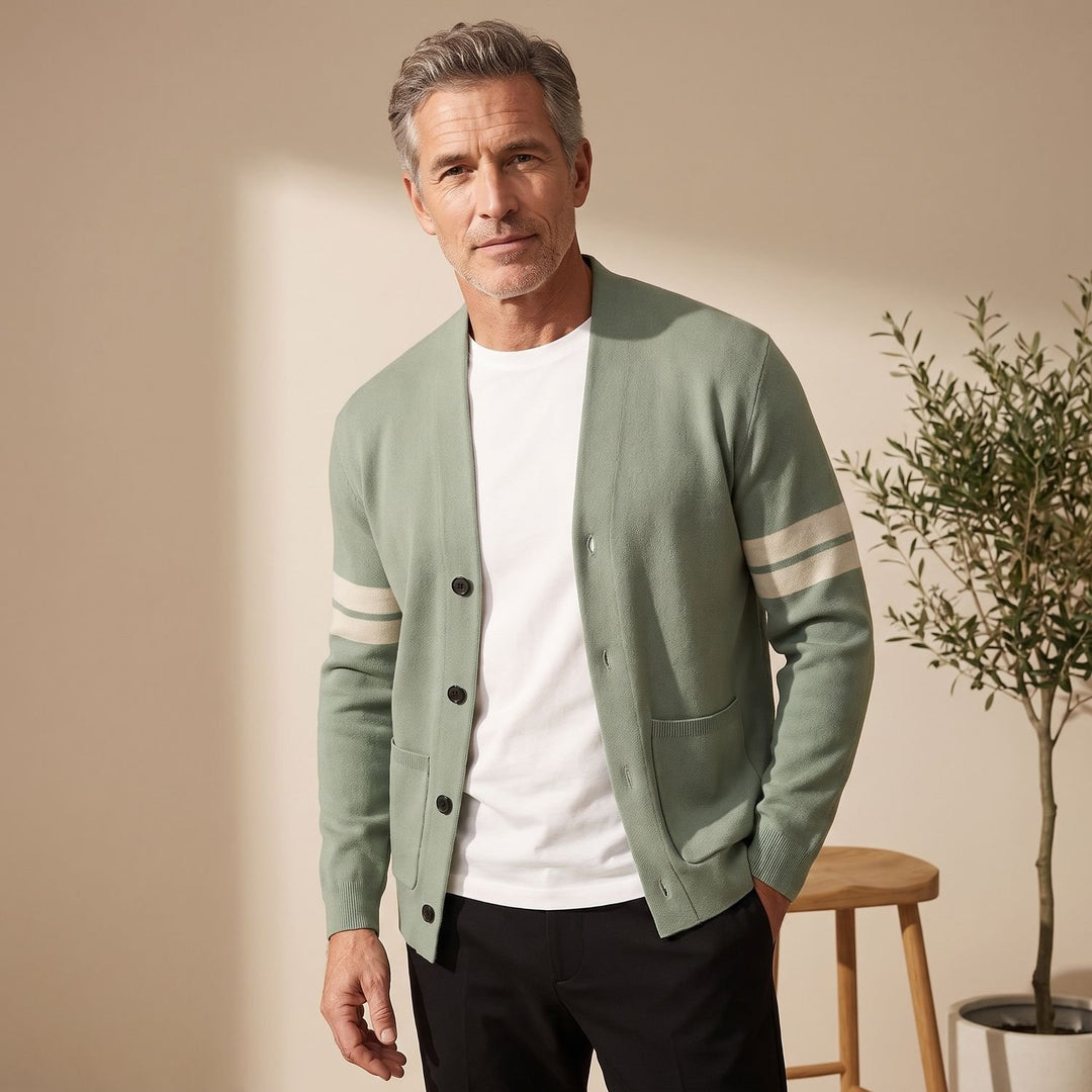 Men's Merino Wool Blend Stripe-Sleeve Button-Front Cardigan - Light Green