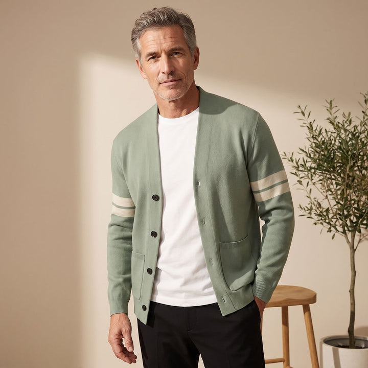 Men's Merino Wool Blend Stripe-Sleeve Button-Front Cardigan - Light Green