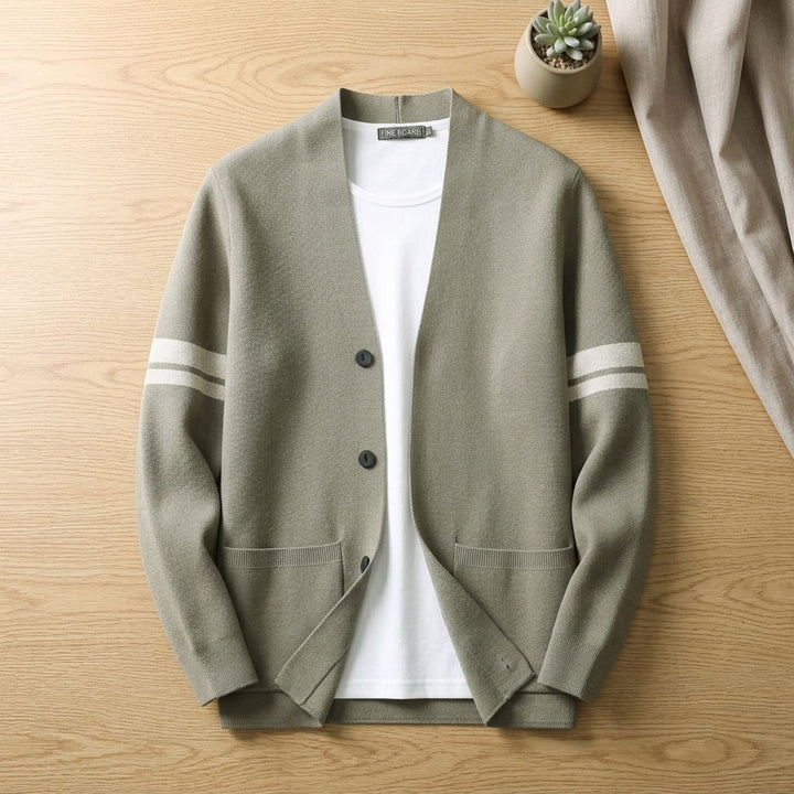 Men's Merino Wool Blend Stripe-Sleeve Button-Front Cardigan - Beige