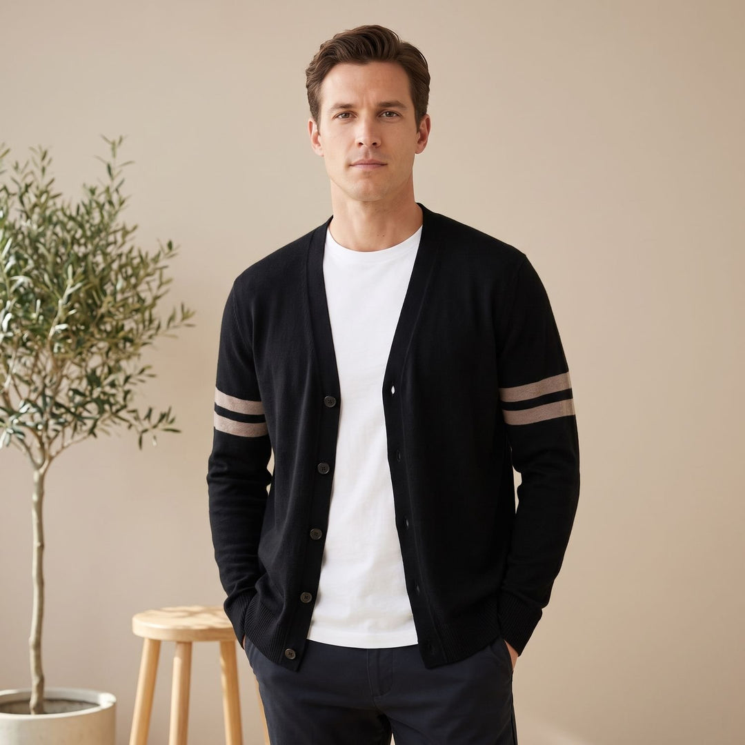 Men's Merino Wool Blend Stripe-Sleeve Button-Front Cardigan - Black