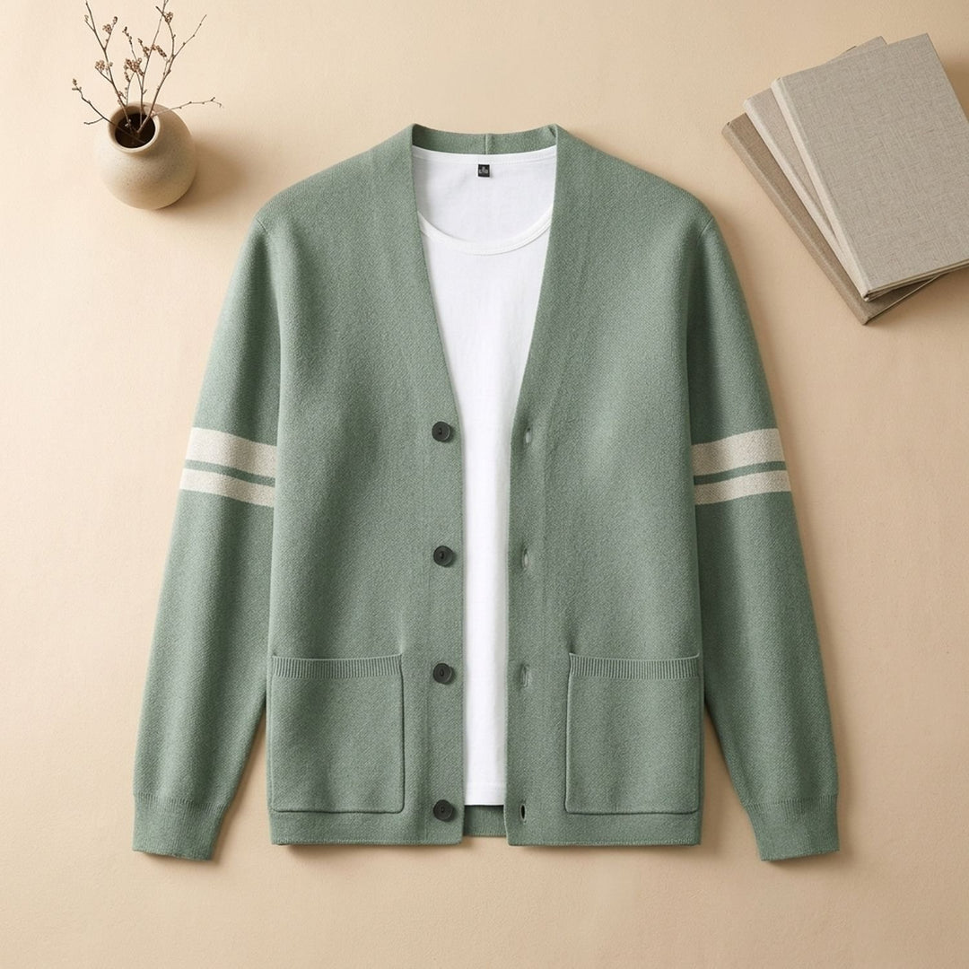 Men's Merino Wool Blend Stripe-Sleeve Button-Front Cardigan