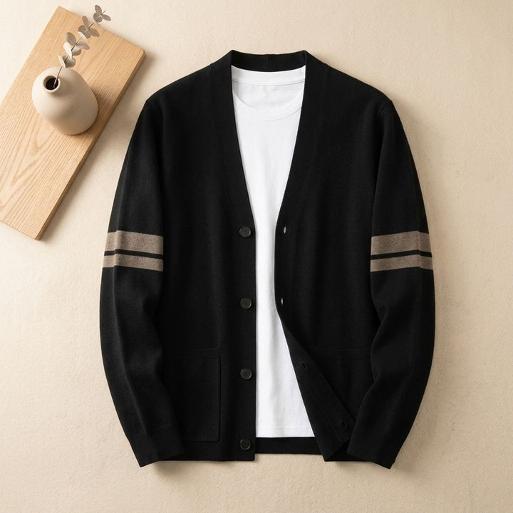 Men's Merino Wool Blend Stripe-Sleeve Button-Front Cardigan