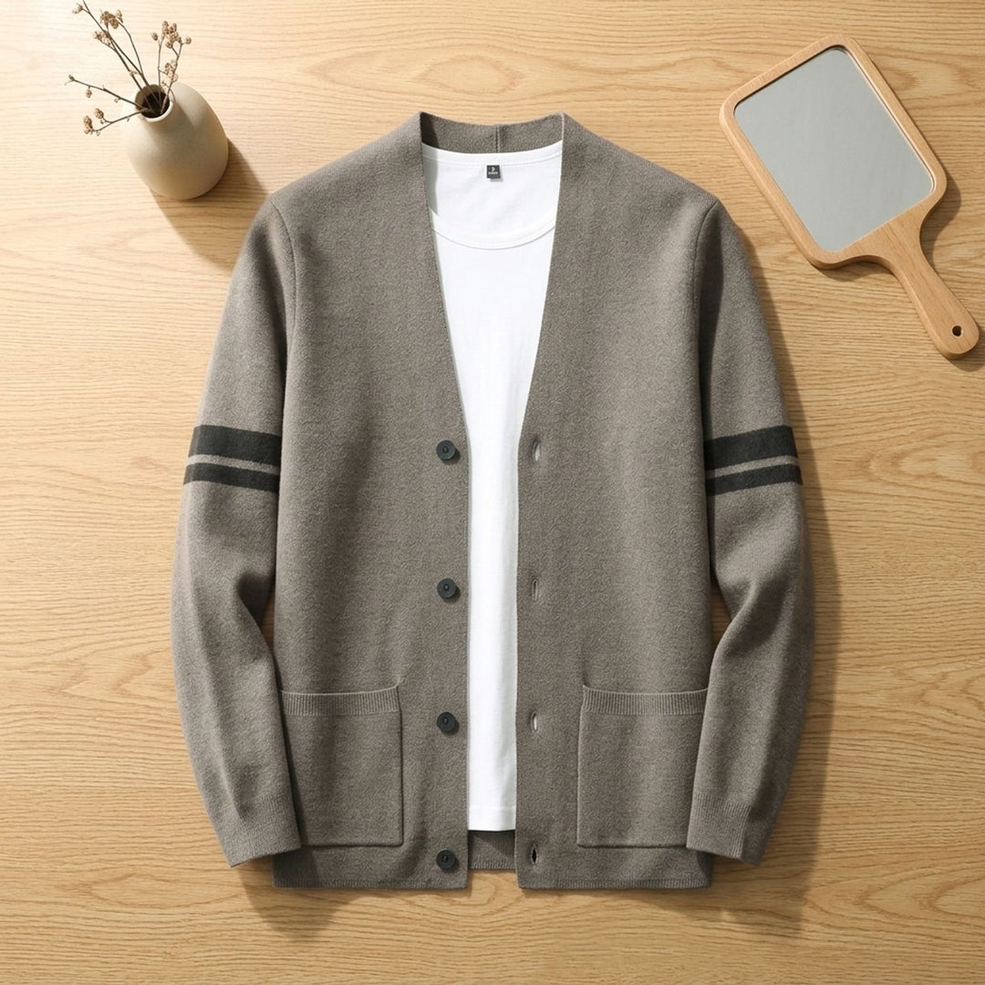 Men's Merino Wool Blend Stripe-Sleeve Button-Front Cardigan - Brown