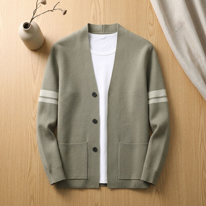 Men's Merino Wool Blend Stripe-Sleeve Button-Front Cardigan