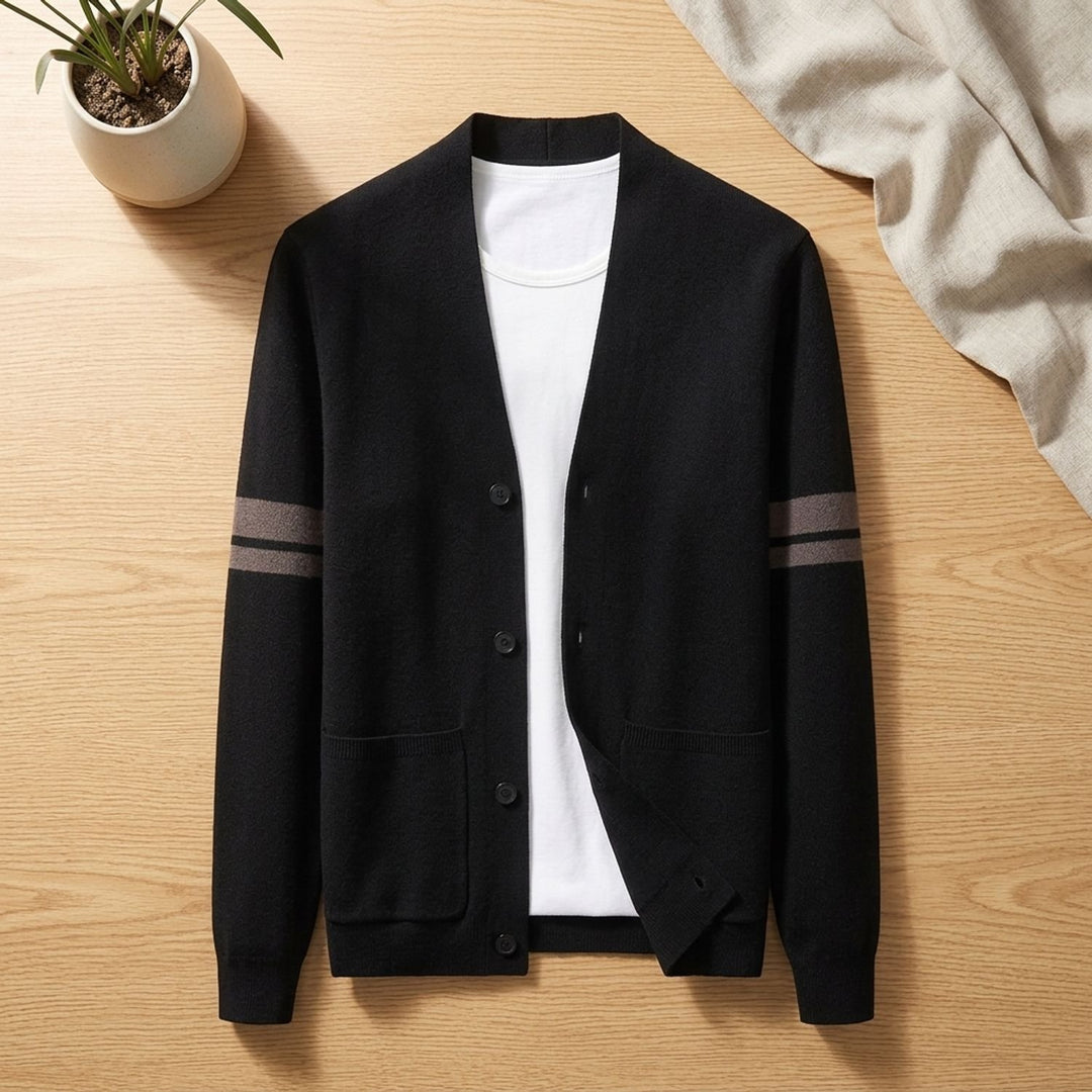 Men's Merino Wool Blend Stripe-Sleeve Button-Front Cardigan