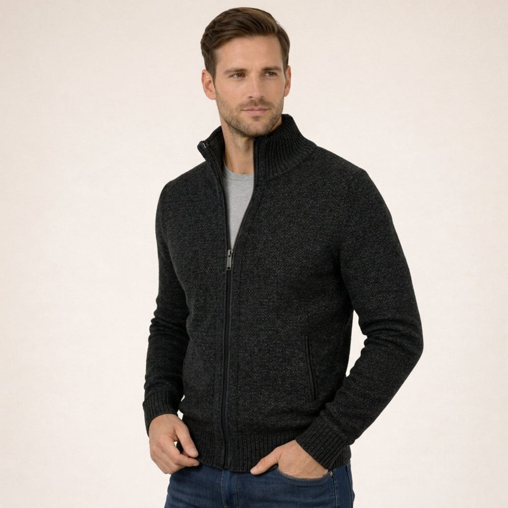 Men's Merino Wool Full-Zip Mock Neck Sweater - Black