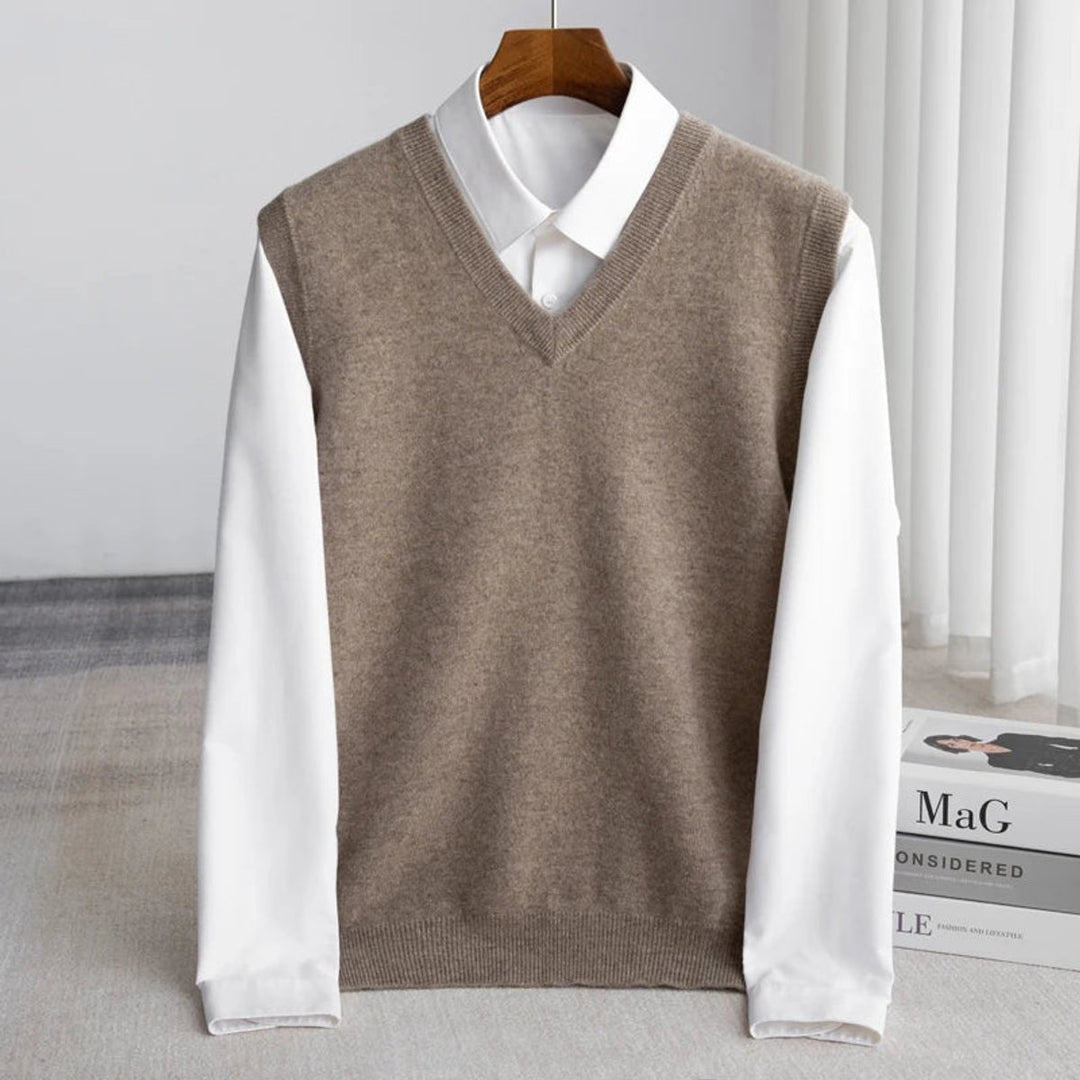 Men's Merino Wool V-Neck Sweater Vest Lightweight Knit - Camel